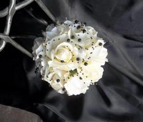 Real Touch Ivory/White Rose Wedding Bouquet accented with Black Beading. Make a Statement at your Wedding.
