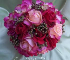 Beautiful Round Fall Wedding Bouquet. Real Touch Red and Coral/ Orange Roses, Variegated Magenta Hydrangeas and Eva Berries.