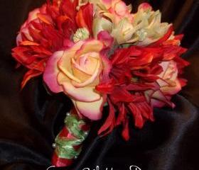 Wedding Bouquet of Real Touch roses, Sun Flowers, Amaryllis buds in shades of reds, rust, corals and greens.