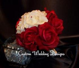 Featured on Weddingzilla. Red and Ivory. Real Touch Round Wedding Bouquet.